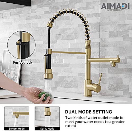 Brushed Gold Kitchen Faucet with Pull Down Sprayer, AIMADI Commercial Gold Kitchen Sink Faucet Single Handle Spring Two Nozzles Faucets - color: Brushed Gold, style: Contemporary
