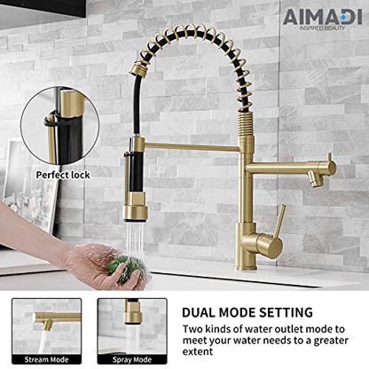 Brushed Gold Kitchen Faucet with Pull Down Sprayer, AIMADI Commercial Gold Kitchen Sink Faucet Single Handle Spring Two Nozzles Faucets - color: Brushed Gold, style: Contemporary