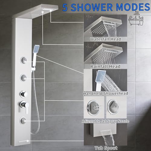 6 in1 Multi-Function Shower Panel Tower System-Brushed Gray | 304 stainless steel Shower Panel Column Tower with Powerful Body Massage, Rainfall, Waterfall,Handheld and Tub Spout - color: Brushed Gray, style: HSY-003