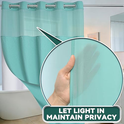 Conbo Mio No Hook Green Waffle Weave Shower Curtain with Snap in Liner Set, Hotel Luxury Shower Curtains for Bathroom with See Through Top Window, Waterproof, Washable 71W x 74H - color: Waffle-green, size: 71"W x 74"L (Pack of 1)