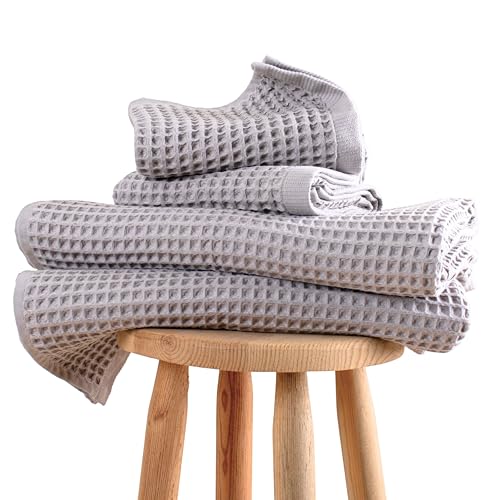 PÜSKÜL Natural 100% Turkish Cotton Waffle Towels Set of 4-Piece, L.-Gray | 2-Bath sheet (Extra-large 32x63") and 2-Hand towel (Large 32x16"). Premium honeycomb-waffle weave, oeko-tex made in Turkiye. - color: Gray
