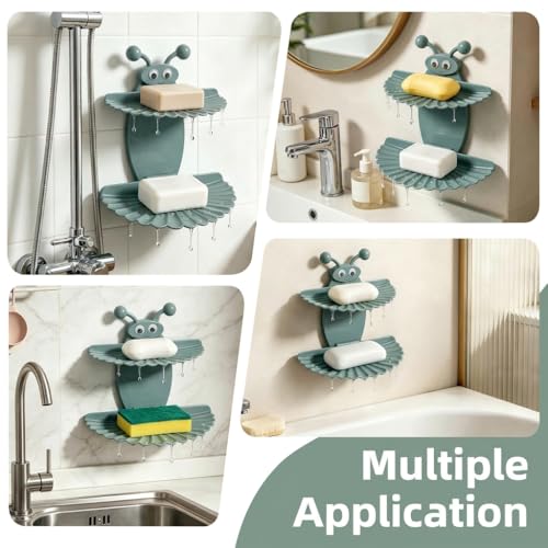 Double-Deck Soap Dish Holder for Shower, Bee Shape Wall Mounted Soap Holder with Strong Adhesive, Self Draining Soap Tray, No Drilling Bathroom Accessories, Nordic Blue - size: 7"×6.5"