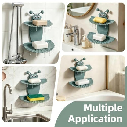 Double-Deck Soap Dish Holder for Shower, Bee Shape Wall Mounted Soap Holder with Strong Adhesive, Self Draining Soap Tray, No Drilling Bathroom Accessories, Nordic Blue - size: 7"×6.5"