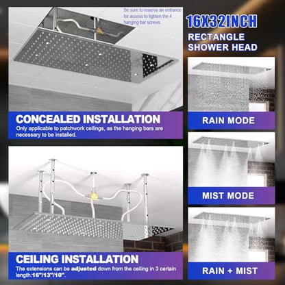 Dual Functions Luxury High Pressure Rain Shower Head, 16"x32" Large Ceiling Full Body Shower Head with Silicone Nozzles Rectangle Mist Showerhead, Modern Chrome Finish - color: Chrome, style: 2 Modes - Rainfall&Mist