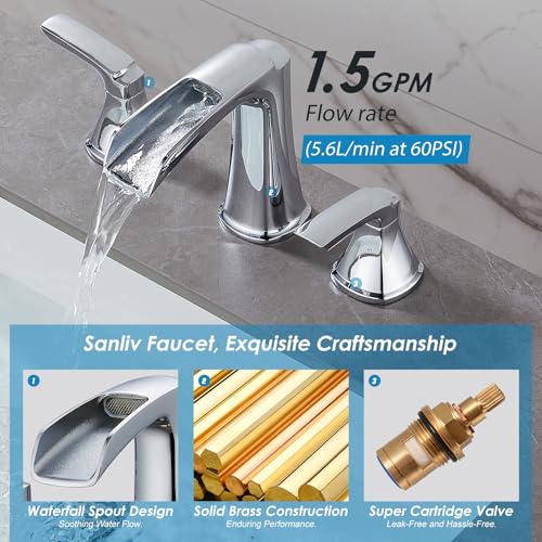Chrome Waterfall Bathroom Faucet, Sanliv 3-Piece Widespread Bathroom Sink Faucets, 2-Handle Vanity Faucet for 3-Hole Sinks 4-8 Inch with Pop-Up Drain, ‎Polished Chrome - color: Chrome