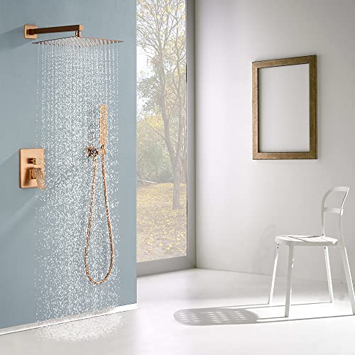 Iriber Brushed Rose Gold Rain Shower System with 12 Inch Shower Head and Handheld Bathroom Wall Mounted Shower Set Contain Shower Faucet Mixer and Trim Kit (Valve Included) - color: Brushed Rose Gold 05