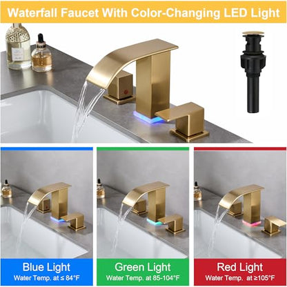 Bathroom faucets 3 Hole Widespread Modern Gold Faucet Sink Faucet 8 inch 3 Hole Vanity Bathroom with Pop Up Drain (Brushed Gold) - color: Brushed Gold