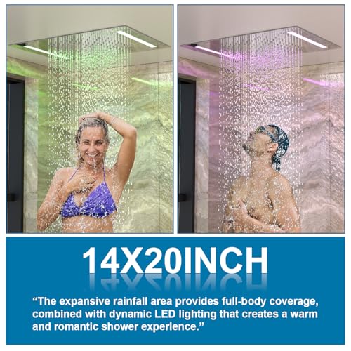 Enga Dual Rain Shower System with Up/Down Waterfall Bathtub Spout, Ceiling Mount 14 x 20 Inch LED Shower Head Rainfall Shower Faucet Set, Chrome - color: Chrome, style: 14X20" Led Shower - Tub Spout