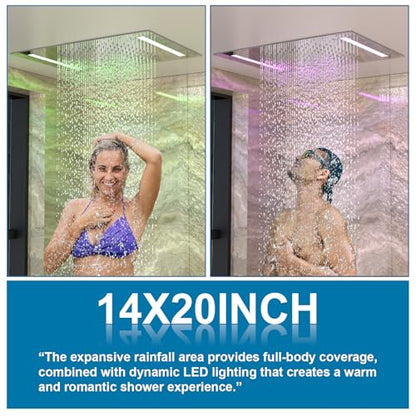 Enga Dual Rain Shower System with Up/Down Waterfall Bathtub Spout, Ceiling Mount 14 x 20 Inch LED Shower Head Rainfall Shower Faucet Set, Chrome - color: Chrome, style: 14X20" Led Shower - Tub Spout