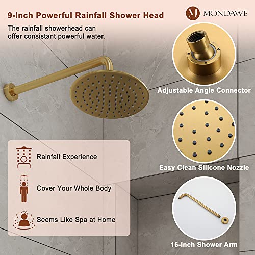 MONDAWE 9 Inch Wall Mounted Shower Faucet Set in Brushed Gold, Rainfall Shower Head with 3-Setting Handheld Spray Shower Set Combo, High Pressure Shower System with Solid Brass Valve - color: Brushed Gold, style: 9 IN - Without Tub Spout