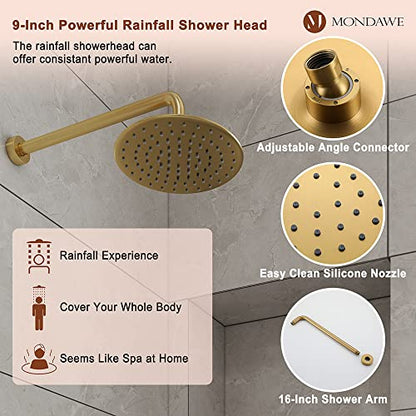 MONDAWE 9 Inch Wall Mounted Shower Faucet Set in Brushed Gold, Rainfall Shower Head with 3-Setting Handheld Spray Shower Set Combo, High Pressure Shower System with Solid Brass Valve - color: Brushed Gold, style: 9 IN - Without Tub Spout