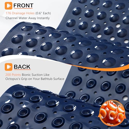 Yimobra Non Slip Bathtub Mat 40 x 16 Inch, Extra Long Shower Mat with Drain Holes, Machine Washable Baby Bath Mats, Strong Suction Cups for Bathroom Floor, Navy Blue - color: Navy Blue