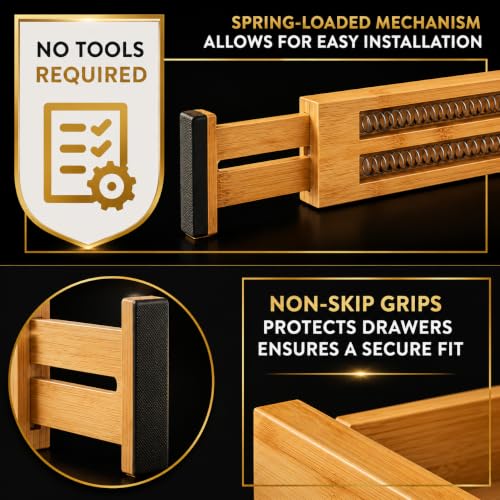 Adjustable Bamboo Drawer Dividers Expandable 8 Pack 17-22 Organizer | Kitchen, Dresser, Closet, Bathroom, Bedroom & Office Storage, Solid Moso Bamboo, Spring-Loaded, 80 Labels