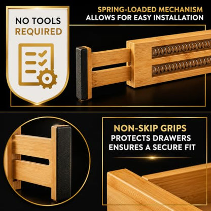 Adjustable Bamboo Drawer Dividers Expandable 8 Pack 17-22 Organizer | Kitchen, Dresser, Closet, Bathroom, Bedroom & Office Storage, Solid Moso Bamboo, Spring-Loaded, 80 Labels