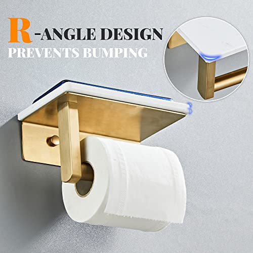 Brushed Gold Toilet Paper Holder with Marble-Look Shelf, Wall Mounted SUS304 Stainless Steel Toilet Roll Holder with Phone Storage - color: Brushed Gold