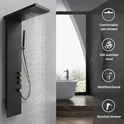 Shower Panel Tower System 3-Functions Wall Mount Black | Stainless Steel,Square Rainfall Shower Head,Massage Body Jets and Handheld,Contrast Gold Control Knobs,Modern Minimalist - color: Matte Black, style: Shower Panel-Standard