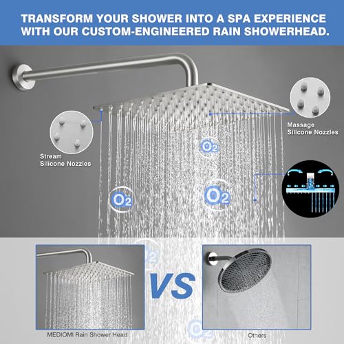 Solid Metal Large Rain Shower Head, Square High Flow Ceiling Rainfall Shower Head with Shower Arm and Flange, Reinforced Explosion-Proof Stainless Steel Construction (12-Inch, Brushed Nickel) - color: Brushed Nickel, size: 12 Inch