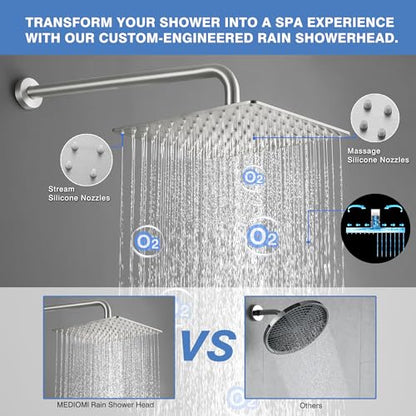 Solid Metal Large Rain Shower Head, Square High Flow Ceiling Rainfall Shower Head with Shower Arm and Flange, Reinforced Explosion-Proof Stainless Steel Construction (12-Inch, Brushed Nickel) - color: Brushed Nickel, size: 12 Inch
