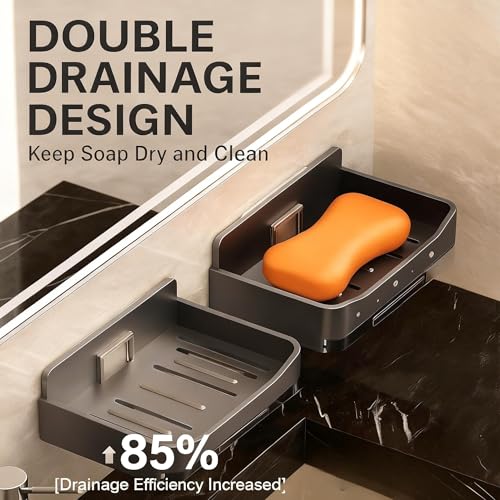 Wall Mounted Soap Holder for Shower, No Drilling Soap Dish with Hooks, Self-Draining Bar Soap Holder Keeps Dry, Removable Shower Soap Holder for Bathroom, Bathtub, Kitchen,Adhesive Included
