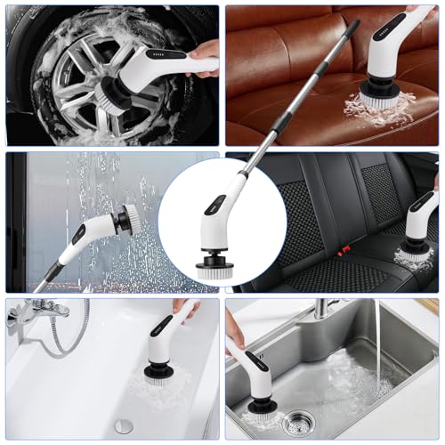 Electric Cordless Spin Scrubber – 2-Speed High-Efficiency Adjustable Portable Cleaning Brush for Home, 8 Replaceable Brush Heads for 360° Powerful Cleaning in Bathroom, Kitchen, Car(Pure White)