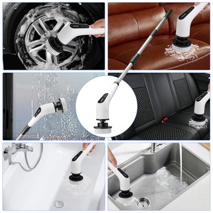 Electric Cordless Spin Scrubber – 2-Speed High-Efficiency Adjustable Portable Cleaning Brush for Home, 8 Replaceable Brush Heads for 360° Powerful Cleaning in Bathroom, Kitchen, Car(Pure White)