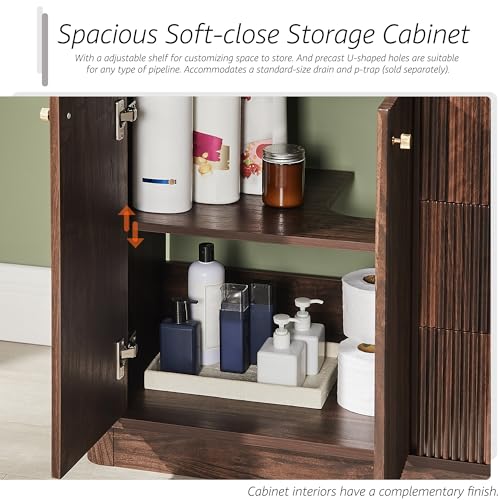 T4TREAM 36" Fluted Bathroom Vanity with Single Sink, Dark Walnut | Integrated Ceramic Sink, Large Storage Cabinet, Adjustable Shelf, 3 Drawers, Three pre-drilled faucet holes, Mid-Century - color: Dark Walnut, size: 36" (Single Sink)