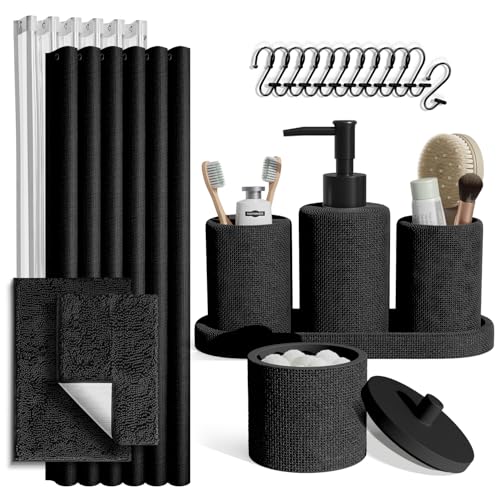 Clara Clark Black Bathroom Set - Bathroom Sets with Shower Curtain and Rugs, 21PC Bathroom Accessory Set, Shower Curtain Set with Soap Dispenser & Toothbrush Holder - color: Black, size: Complete Set + Bath Rugs