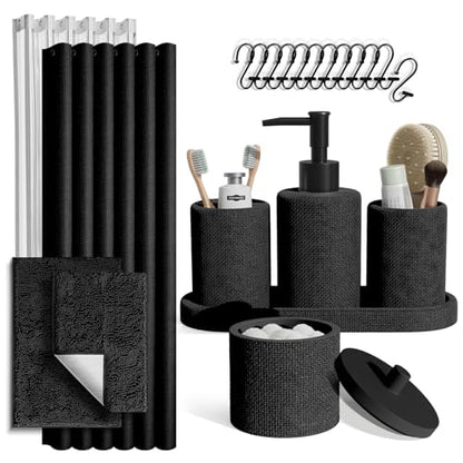 Clara Clark Black Bathroom Set - Bathroom Sets with Shower Curtain and Rugs, 21PC Bathroom Accessory Set, Shower Curtain Set with Soap Dispenser & Toothbrush Holder - color: Black, size: Complete Set + Bath Rugs