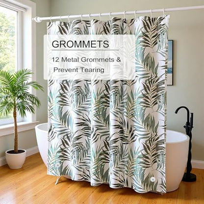 TIKABC Shower Curtain Liner, White Flower 4G PEVA Shower Liner, Plastic Waterproof Shower Curtains, 72x72 inch with Grommet Holes 3 Magnetic Weights - color: Bamboo Leaf