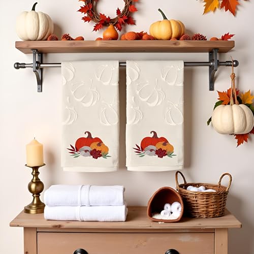 2 Pack Fall Hand Towel Jacquard Embroidered Cotton Kitchen Towels Farmhours Thankful Bath Towels Set Thanksgiving Bathroom Decor (Beige Pumpkin, 2*Hand Towel) - color: Beige Pumpkin