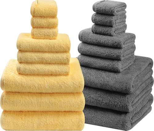18-Piece Cotton Bath Towel Set with Hanging Loops for Bathroom, Yellow&Gray | Stock-up towel set for family bathrooms, guest baths, multi-bath homes, and wash-day rotation, OEKO-TEX certified, easy care - color: B01: Yellow & Gray