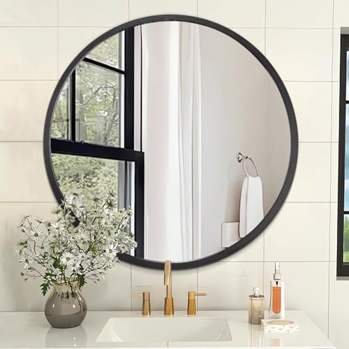 AOAOPQ Black Round Mirror for Wall Small Round for Bathroom Entryway Living Room Hallway Matte Frame Mirrors Anti Rust Hangs Tempered Glass for Bedroom Entry Dining Room - color: Black, size: 24"L x 24"W