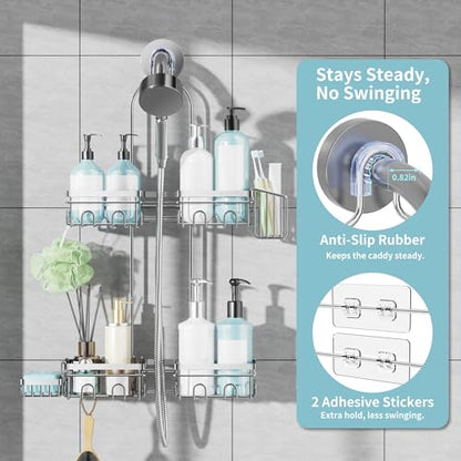 KEGII Hanging Shower Caddy for Handheld Showerheads, Silver | Rustproof Over Showerhead Organizer with Soap Dish, Toothbrush Holder and Hooks for Bathroom Shower Storage - style: Silver – 2-Tier Hanging Shower Caddy