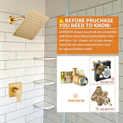 Brushed Gold Shower Faucet Single Function Trim Kit with Rough-in Valve Set Bath Rainfall Shower System 8inch Square Stainless Steel Metal Shower Head - color: Brushed Gold
