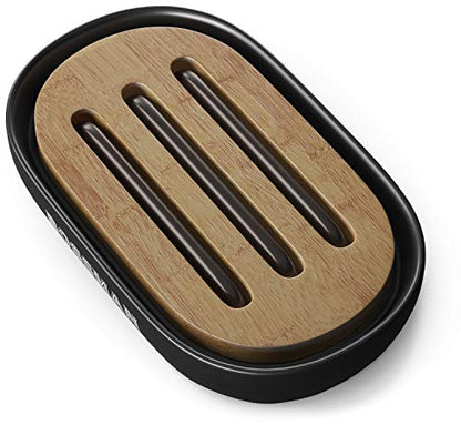 Bossman Soap Dish - Bathroom and Shower Soap Bar Holder - Premium Ceramic Base - Removable Natural Bamboo Soap Tray (Black) - color: Black