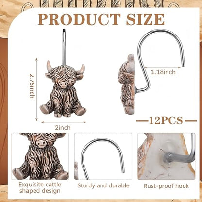 Roowest 12 Pcs Highland Cow Shower Curtain Hooks Western Shower Curtain Hooks Stainless Steel Rust Resistant Rings Hangers for Winter Farmhouse Rustic Bathroom Decor - style: Highland Cow