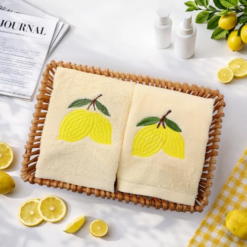 SmoothNovelty 2 Pcs Lemon Hand Towels Lemon Yellow Bathroom Decor 14x29 Inch Embroidered 100% Cotton Soft Absorbent Spring Summer Decorative Hand Towels for Bathroom Kitchen - style: Lemon