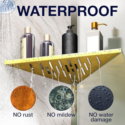 Corner Shower Shelf for Inside Shower - Adhesive/Stick/Drill/No Drill - Floating Strong 14" Gold Corner Shower Shelves for Bathroom, Tiled Wall, Caddy Organizer, Kitchen, Shower