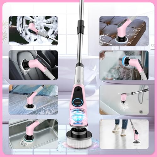 Dovety Electric Spin Scrubber, Cordless Cleaning Brush, Shower Scrubber with 8 Replaceable Brush Head, Power Cleaning Brush with Extension Handle, 2 Adjustable Speed, for Bathtub Tile Floor (Pink)