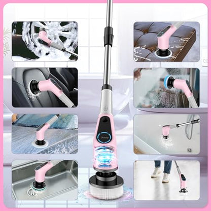 Dovety Electric Spin Scrubber, Cordless Cleaning Brush, Shower Scrubber with 8 Replaceable Brush Head, Power Cleaning Brush with Extension Handle, 2 Adjustable Speed, for Bathtub Tile Floor (Pink)