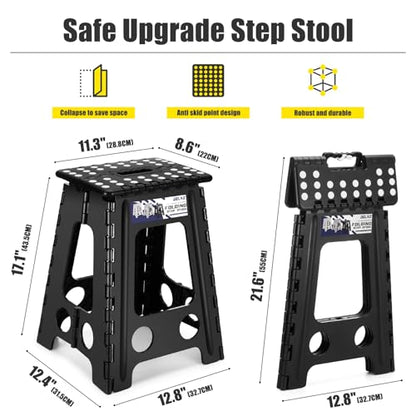 Delxo 17.5 Inch Folding Step Stool,Foldable Stool for Adults with Safety Lock,Portable Collapsible Plastic Step Stool,Non Slip Folding Stools for Kitchen Bathroom Bedroom Up to 400LBS,(Black 1PC) | Step Stool with Safety Lock,Portable Collapsible Step Sto