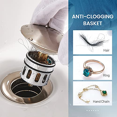 Vessel Sink Drain for Bathroom, Pop-up Drain With Detachable Basket Stopper, Anti-Explosion And Anti-Clogging Drain Strainer, Sink Drain Assembly With Overflow Brushed Nickel, REGALMIX RWF083J - color: Brushed Nickel, size: With Overflow