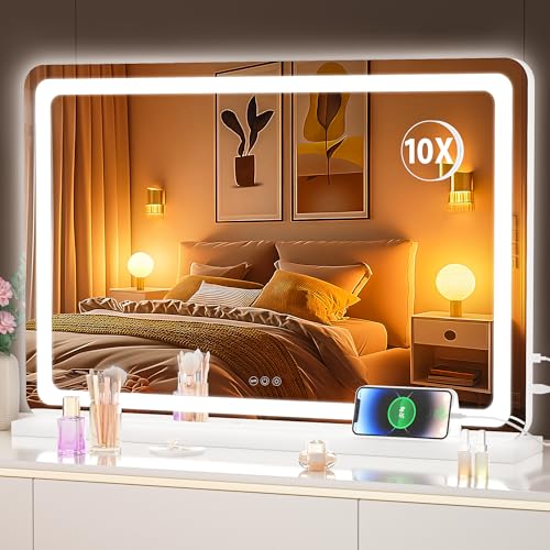 Hasipu Vanity Mirror with Lights, 31.5" x 20" LED Makeup Mirror, Lighted Makeup Mirror with Dimmable 3 Modes, Touch Screen Control Vanity Mirror Round White - color: White, size: 31.5"L x 20"W