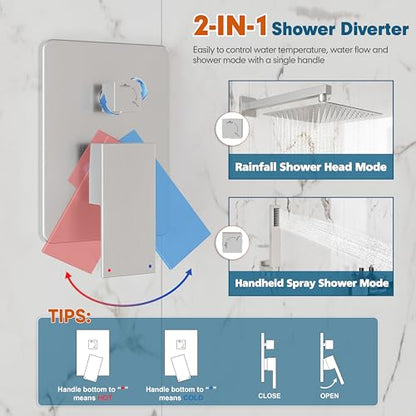 Kurpot Shower System, 10'' High Pressure Brushed Nickel Shower Head with Handheld Spray Combo, Included 59'' Shower Hose, Shower Trim Kit and 2-IN-1 Diverter, Bathroom Shower Faucet Set with Valve - color: Brushed Nickel