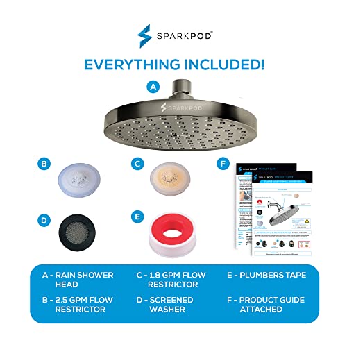 SparkPod Rain Shower Head, 8 Inch Round, Elegant Brushed Nickel Finish | High Pressure Shower Heads, 90 Nozzles, Adjustable Showerhead, No Tools Needed, Universal Connection - color: Elegant Brushed Nickel, style: 8 Inch Round