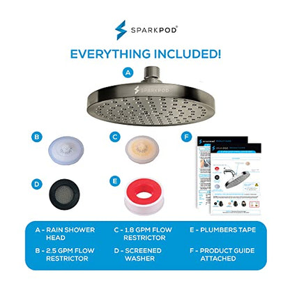 SparkPod Rain Shower Head, 8 Inch Round, Elegant Brushed Nickel Finish | High Pressure Shower Heads, 90 Nozzles, Adjustable Showerhead, No Tools Needed, Universal Connection - color: Elegant Brushed Nickel, style: 8 Inch Round