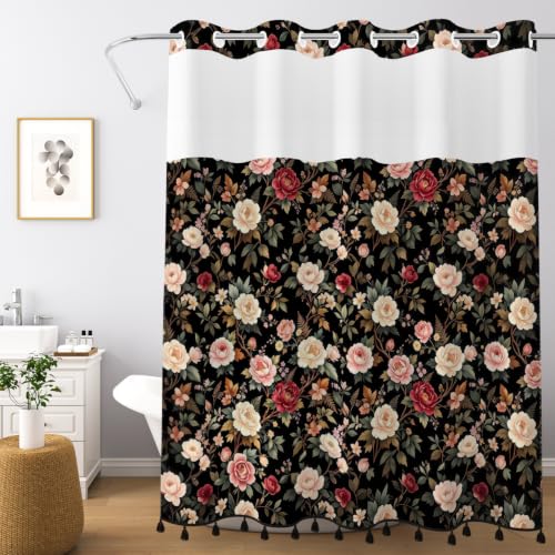 Rose Floral Shower Curtain with Snap in Liner & Tassels, 71W x 77L | No Hook Needed, Double Layer Waterproof Fabric with Mesh Top, Vintage Botanical Flower Design for Modern & Farmhouse Bathroom - color: Beautiful Flower