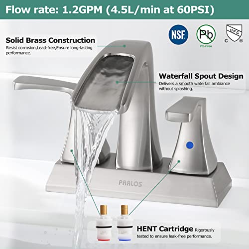 Waterfall Bathroom Sink Faucet 2 Handle Centerset, Brushed Nickel | 4 Inch Lead-Free Deck Mount Vanity Faucet with Pop Up Drain Supply Lines, for 3 Hole Lavatory Utility Sink - color: Brushed Nickel