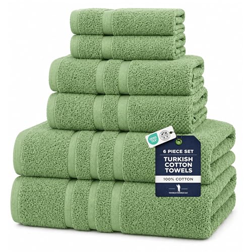 Veteran Textile LLC, Luxury Hotel & Spa, Turkish Cotton Dark Green Towels Bathroom Sets | 6 Pieces Fairfield Green Bath Towels | Soft and Absorbent Green Towel Set for Your Bathroom - color: Sage Green