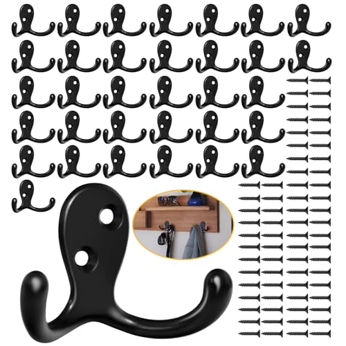Homanu 34 Pack Coat Hooks, Heavy Duty Double Prong Coat Hooks Wall Mounted with 68 Screws, No Rust Black Metal Wall Hooks for Hanging Towel, Coat, Bag, Hat, Cup, Key - color: 34 Pcs Black
